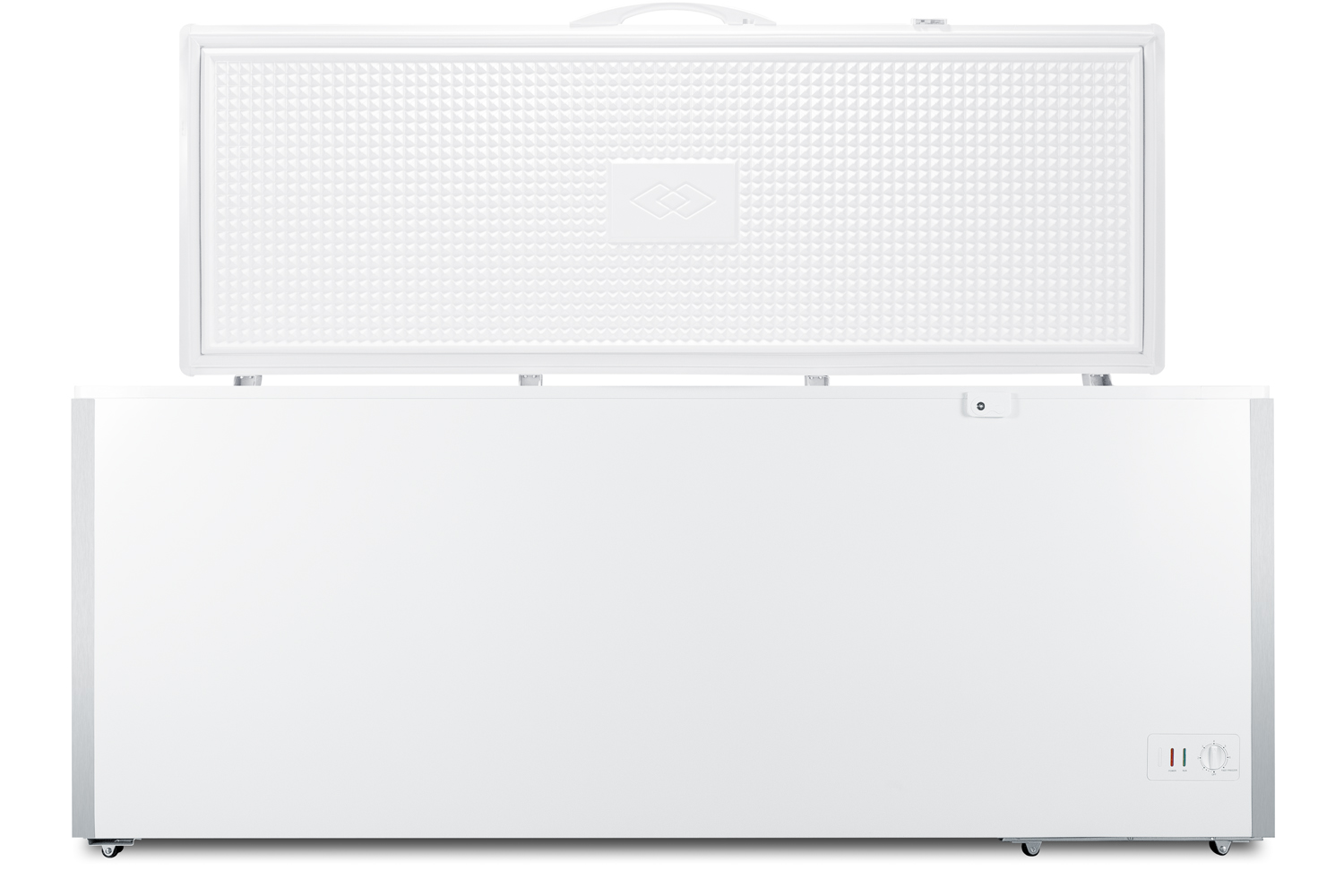 Commercially listed 19.8 cu.ft. manual defrost chest freezer in white with stainless steel corner guards and lock